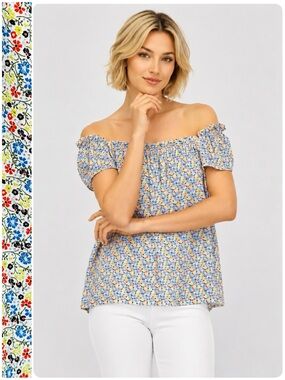 CeCe Off The Shoulder Short Sleeve Crepe Floral Blouse Front Chiffon Lined